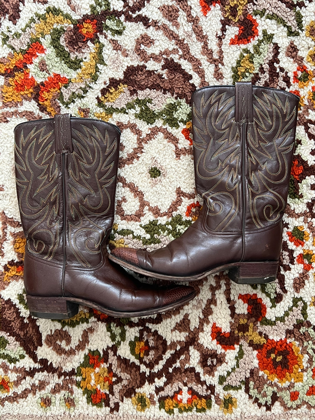 '80s Dan Post Vintage Brown/Green/Yellow Leather J Toe Boots 6.5