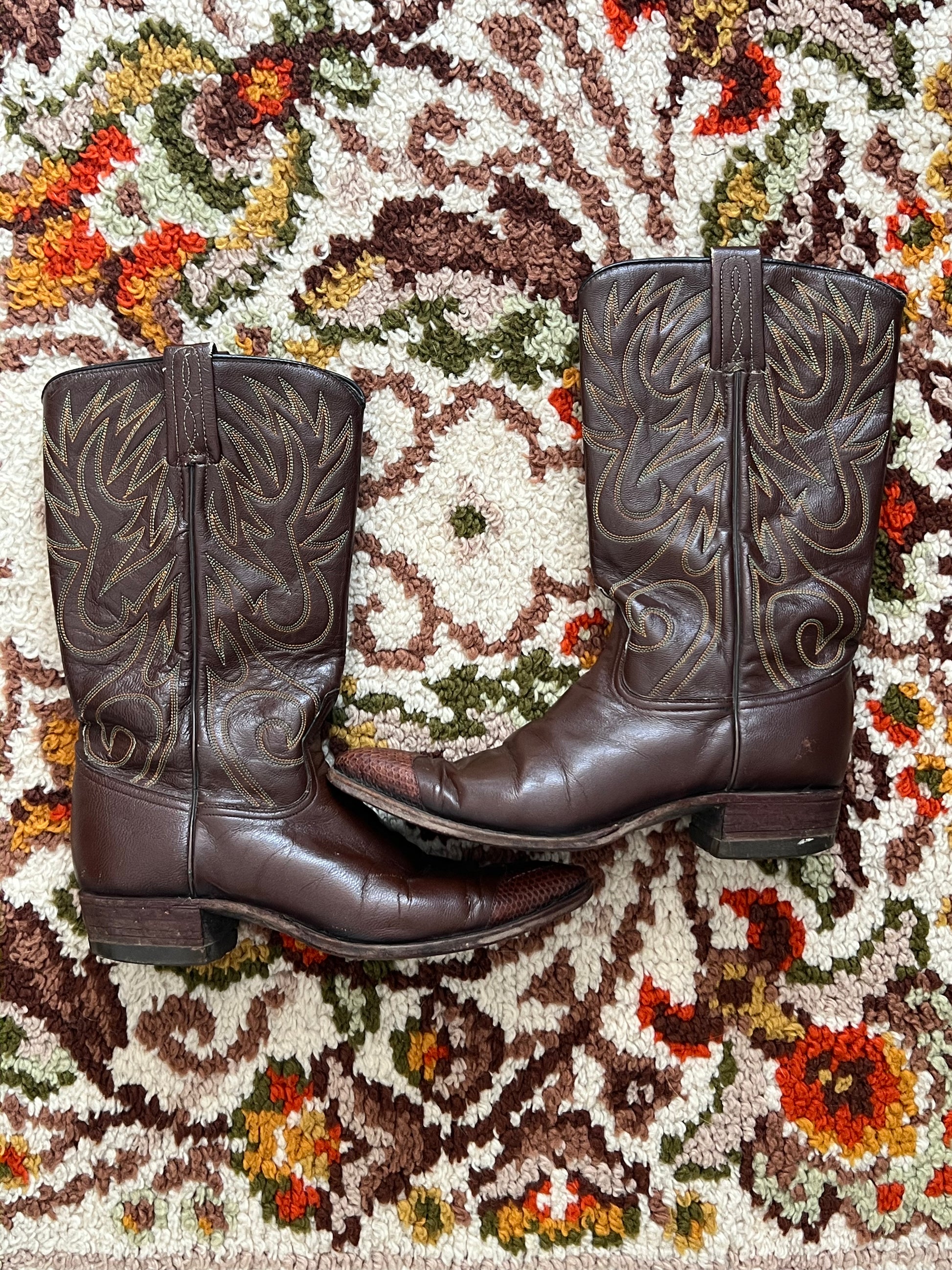 '80s Dan Post Vintage Brown/Green/Yellow Leather J Toe Boots 6.5