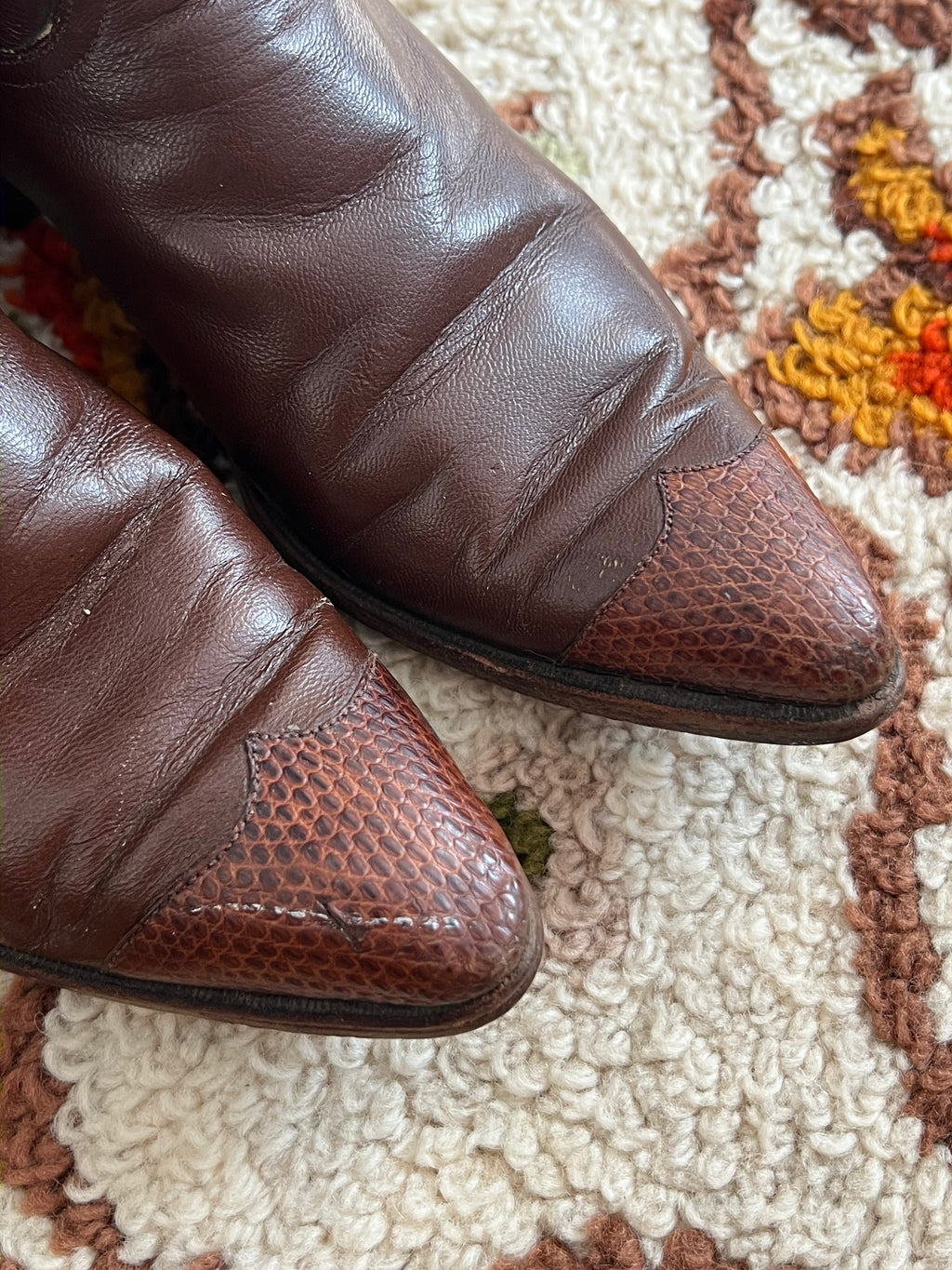 '80s Dan Post Vintage Brown/Green/Yellow Leather J Toe Boots 6.5