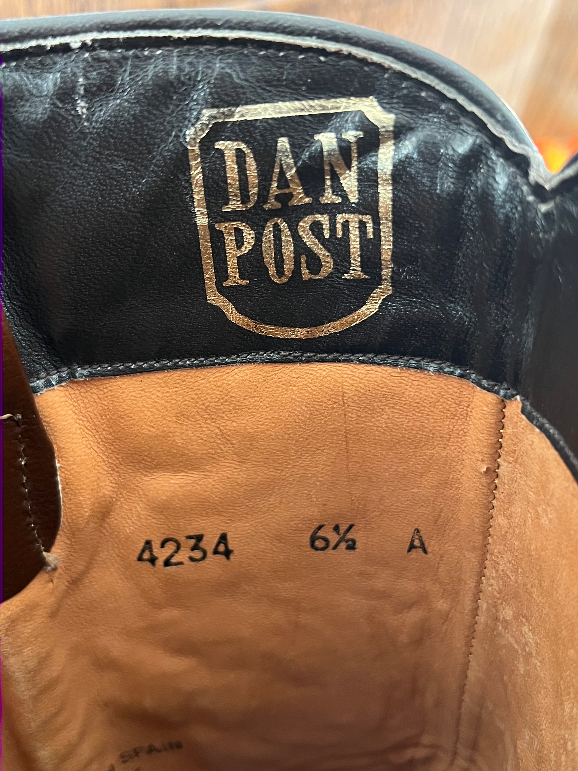 '80s Dan Post Vintage Brown/Green/Yellow Leather J Toe Boots 6.5