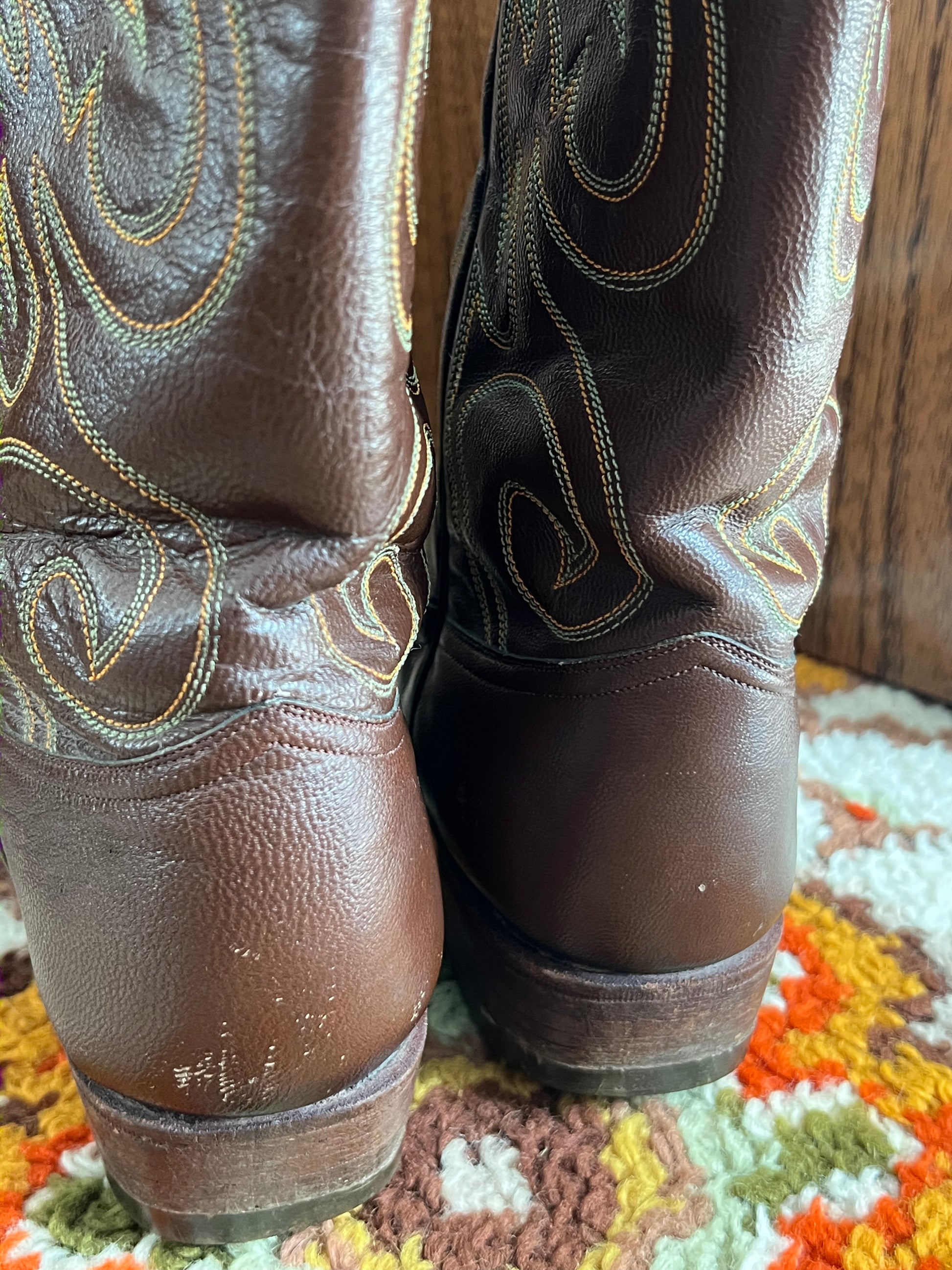 '80s Dan Post Vintage Brown/Green/Yellow Leather J Toe Boots 6.5