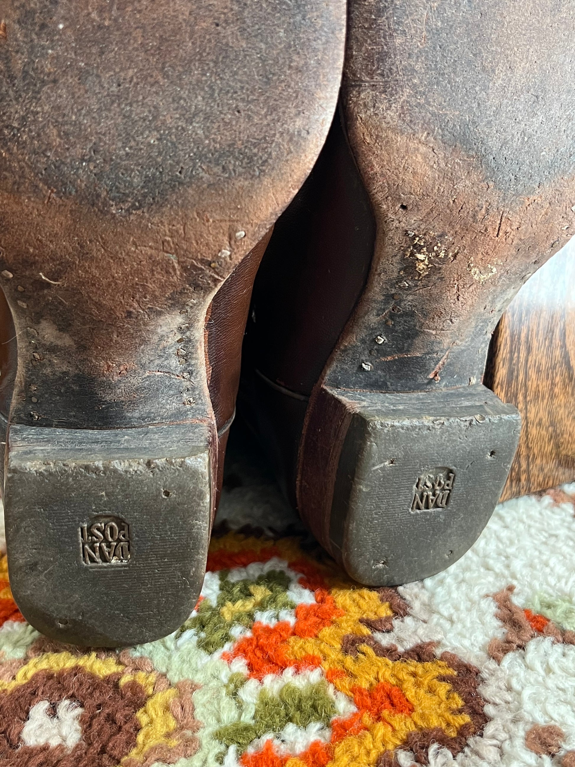 '80s Dan Post Vintage Brown/Green/Yellow Leather J Toe Boots 6.5
