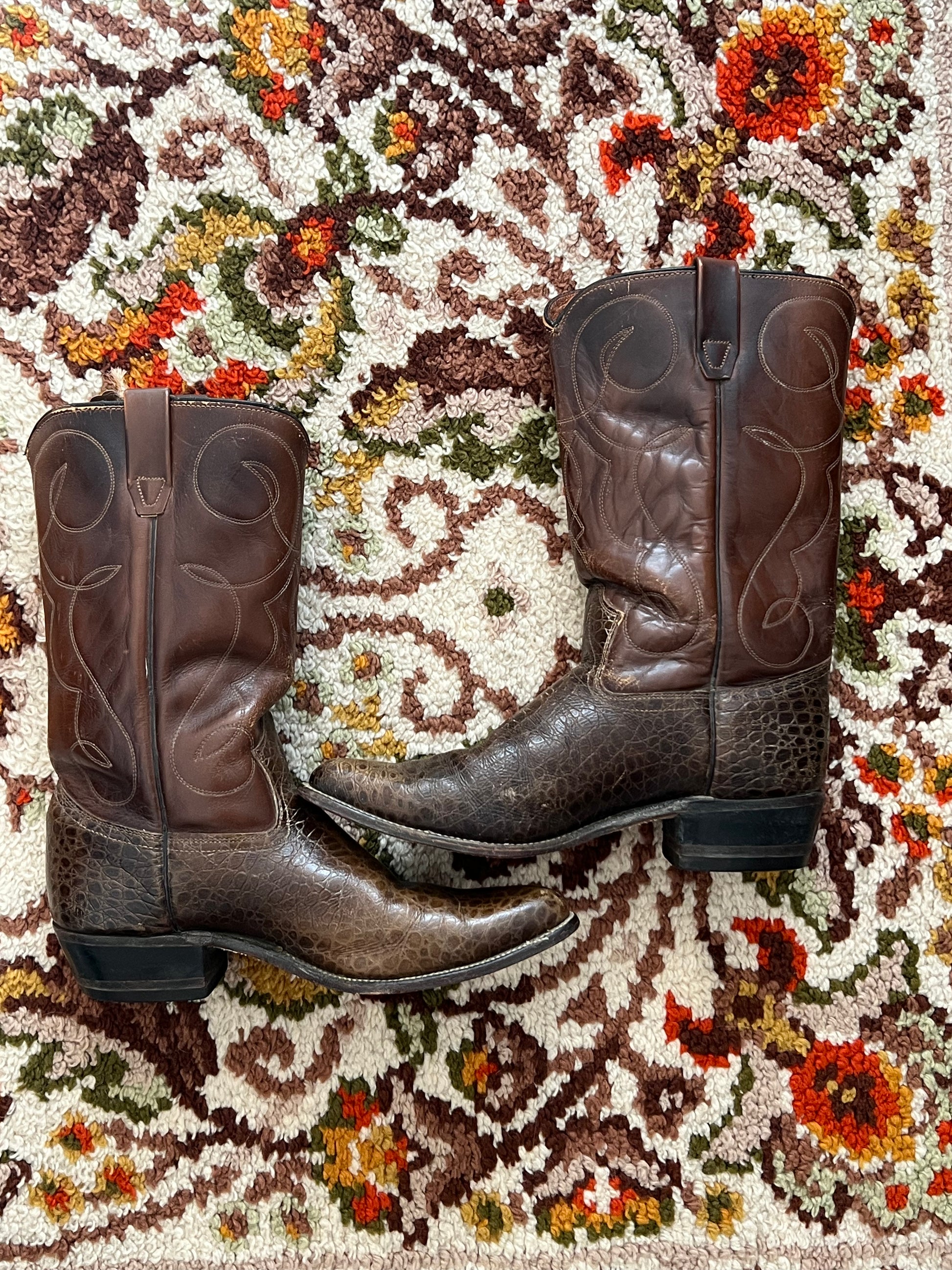 '70s Wrangler Vintage Brown Crocodile Skin and Leather J Toe Boots 10.5