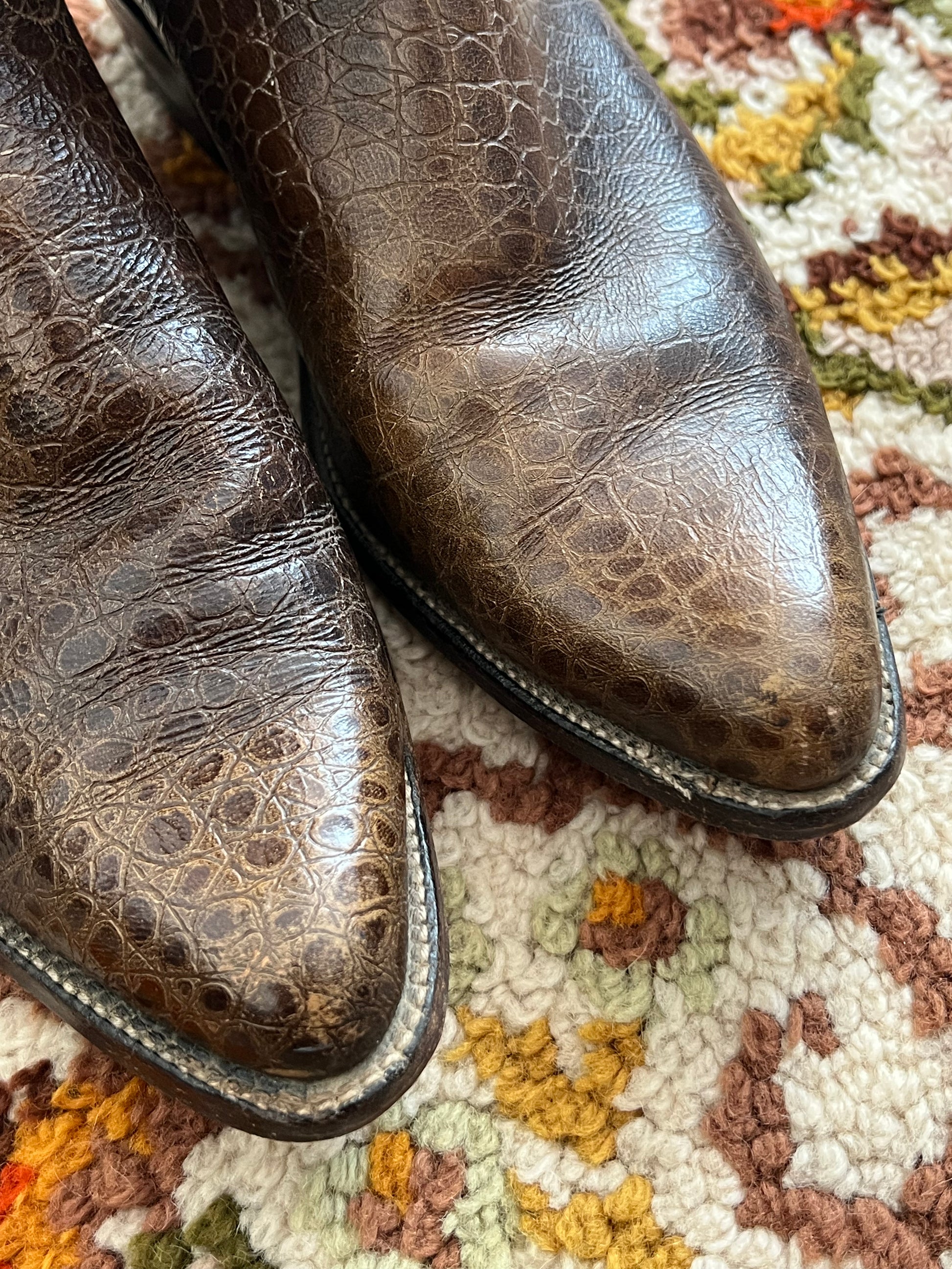 '70s Wrangler Vintage Brown Crocodile Skin and Leather J Toe Boots 10.5