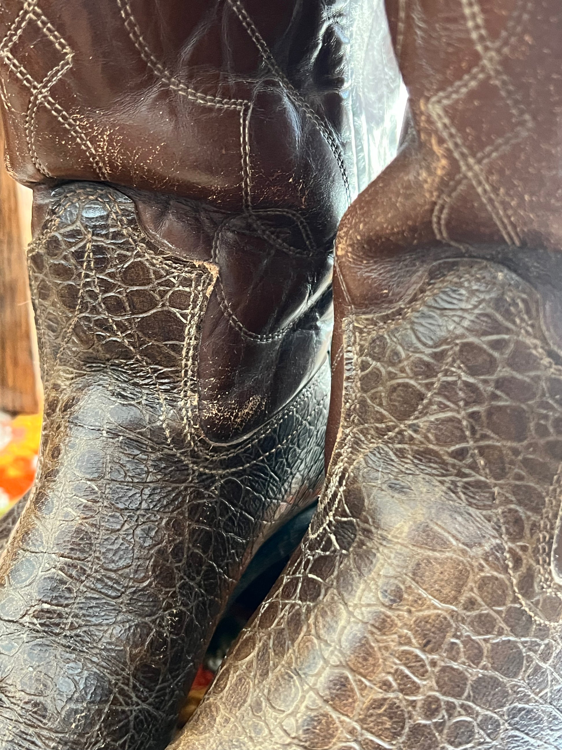 '70s Wrangler Vintage Brown Crocodile Skin and Leather J Toe Boots 10.5