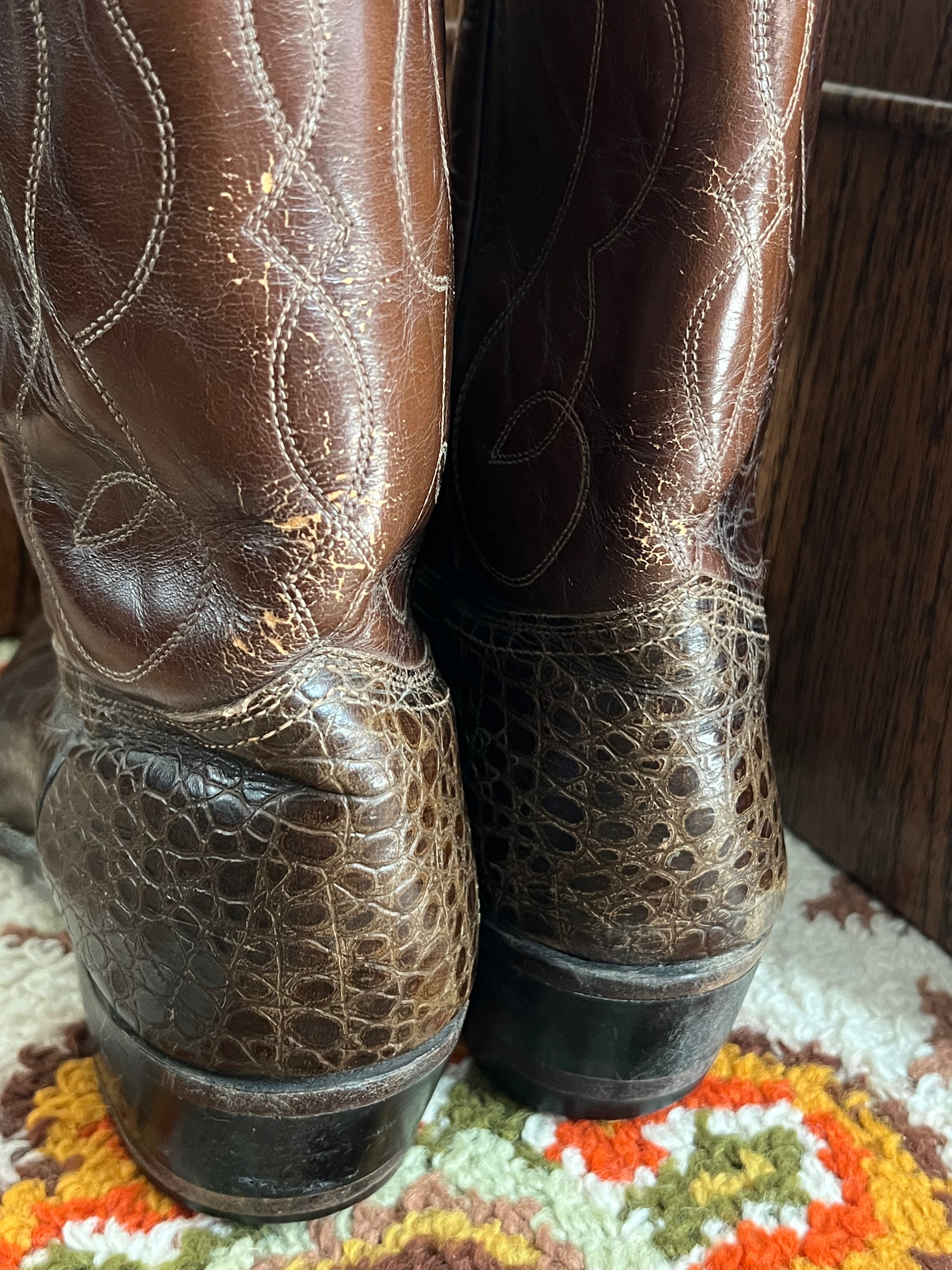 '70s Wrangler Vintage Brown Crocodile Skin and Leather J Toe Boots 10.5