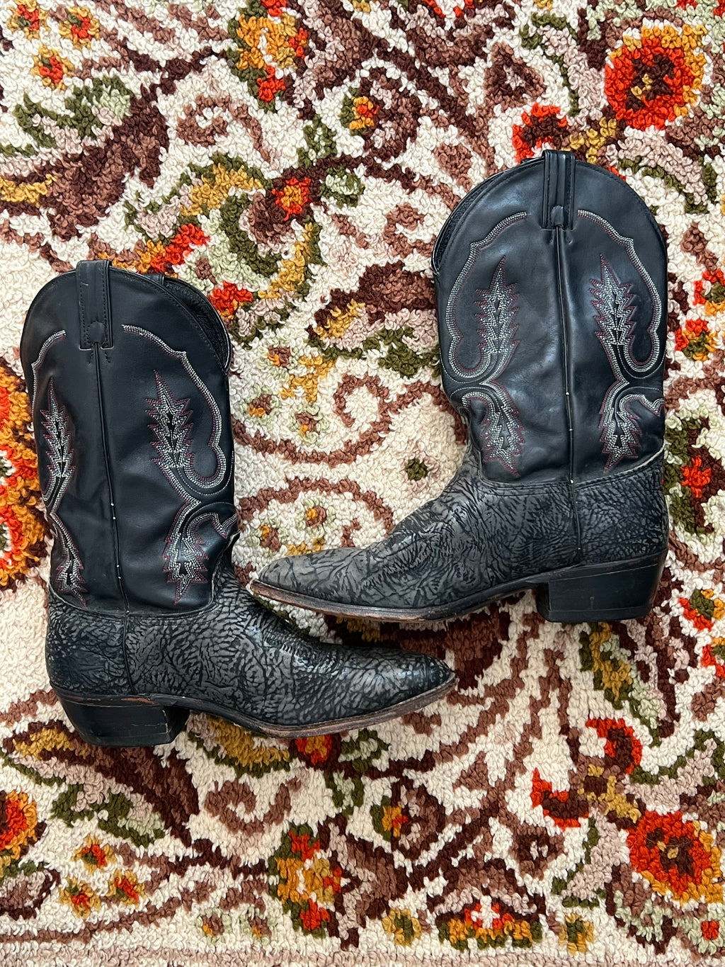 '80s-'90s Abilen Vintage Black/Pink Leather Round Toe Cowboy Boots Made In USA 12D