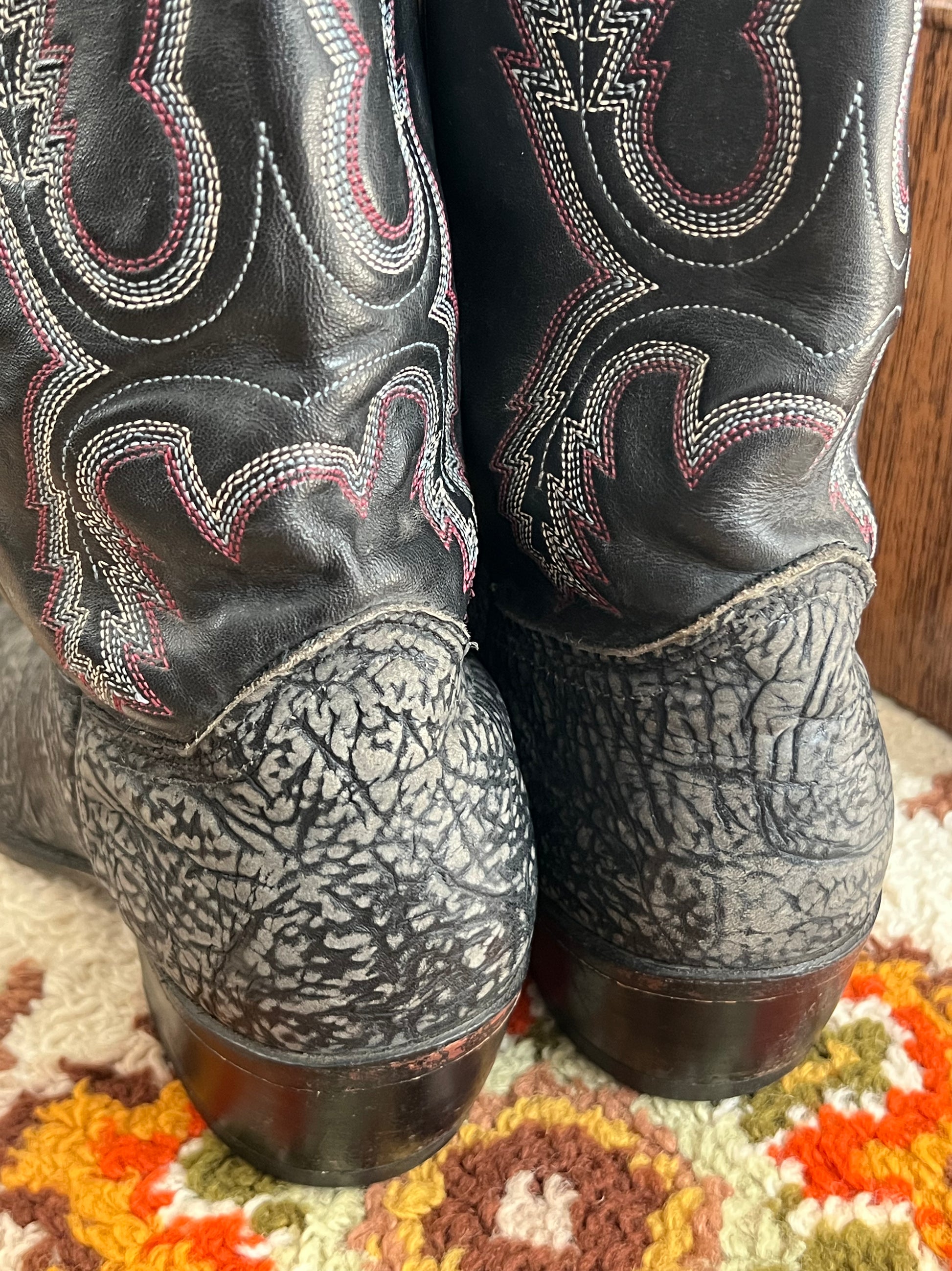 '80s-'90s Abilen Vintage Black/Pink Leather Round Toe Cowboy Boots Made In USA 12D