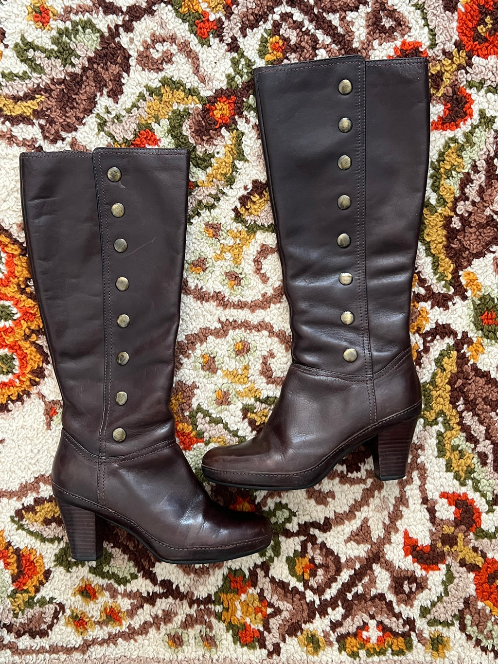 Y2K Clarks Vintage Brown Leather Below Knee Zip-Up Round Toe Heel Boots 7M