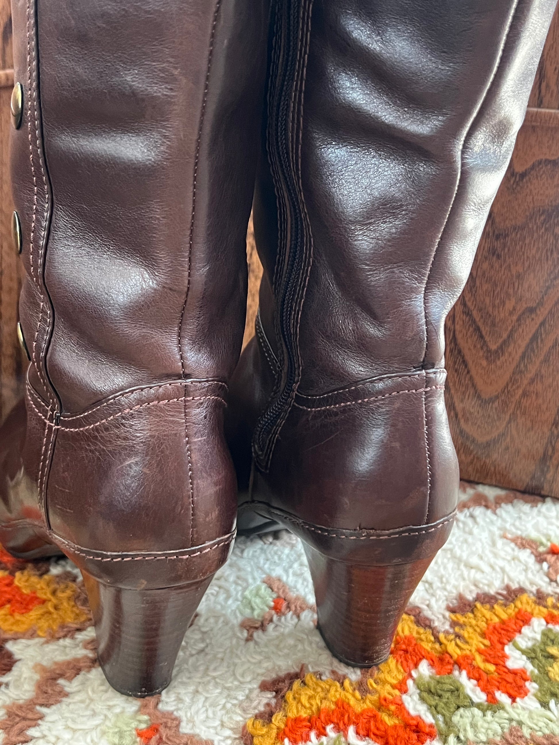 Y2K Clarks Vintage Brown Leather Below Knee Zip-Up Round Toe Heel Boots 7M