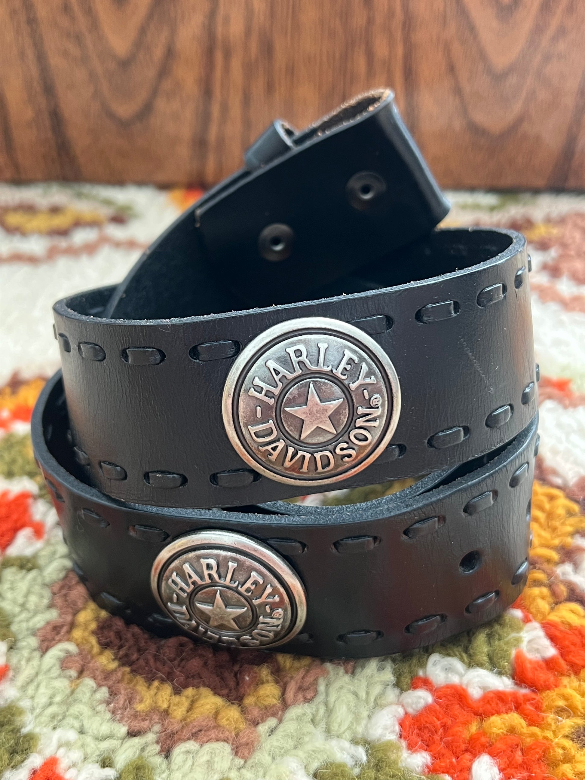 Y2K Harley Davdison Vintage Black/Silver Logo Decal Leather Belt L