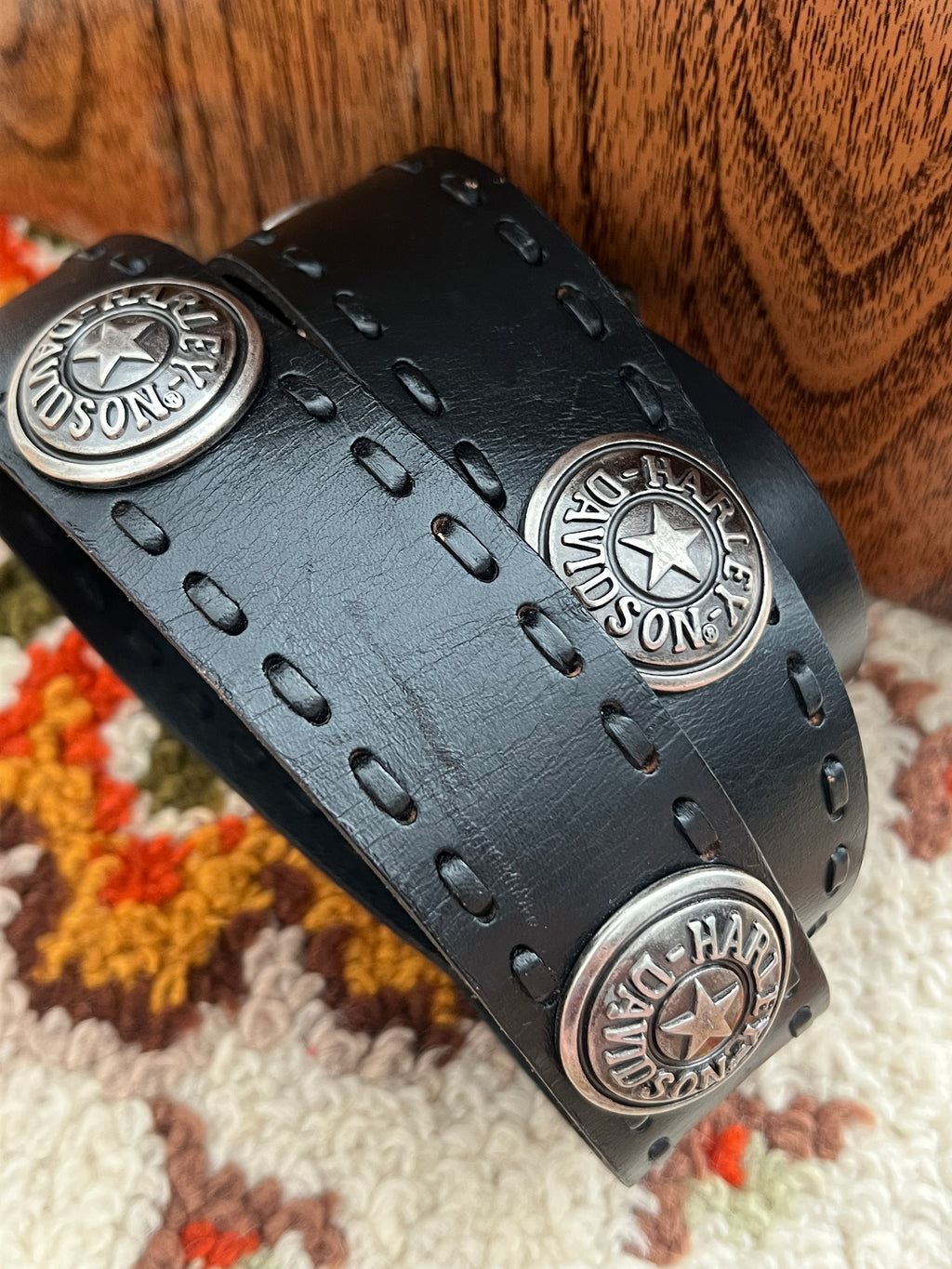 Y2K Harley Davdison Vintage Black/Silver Logo Decal Leather Belt L