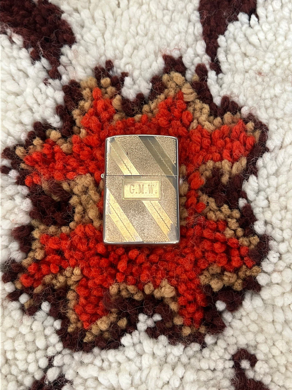 Vintage 1970s Zippo Lighter – Gold & Silver Diagonal Stripe, Engraved, Made in USA