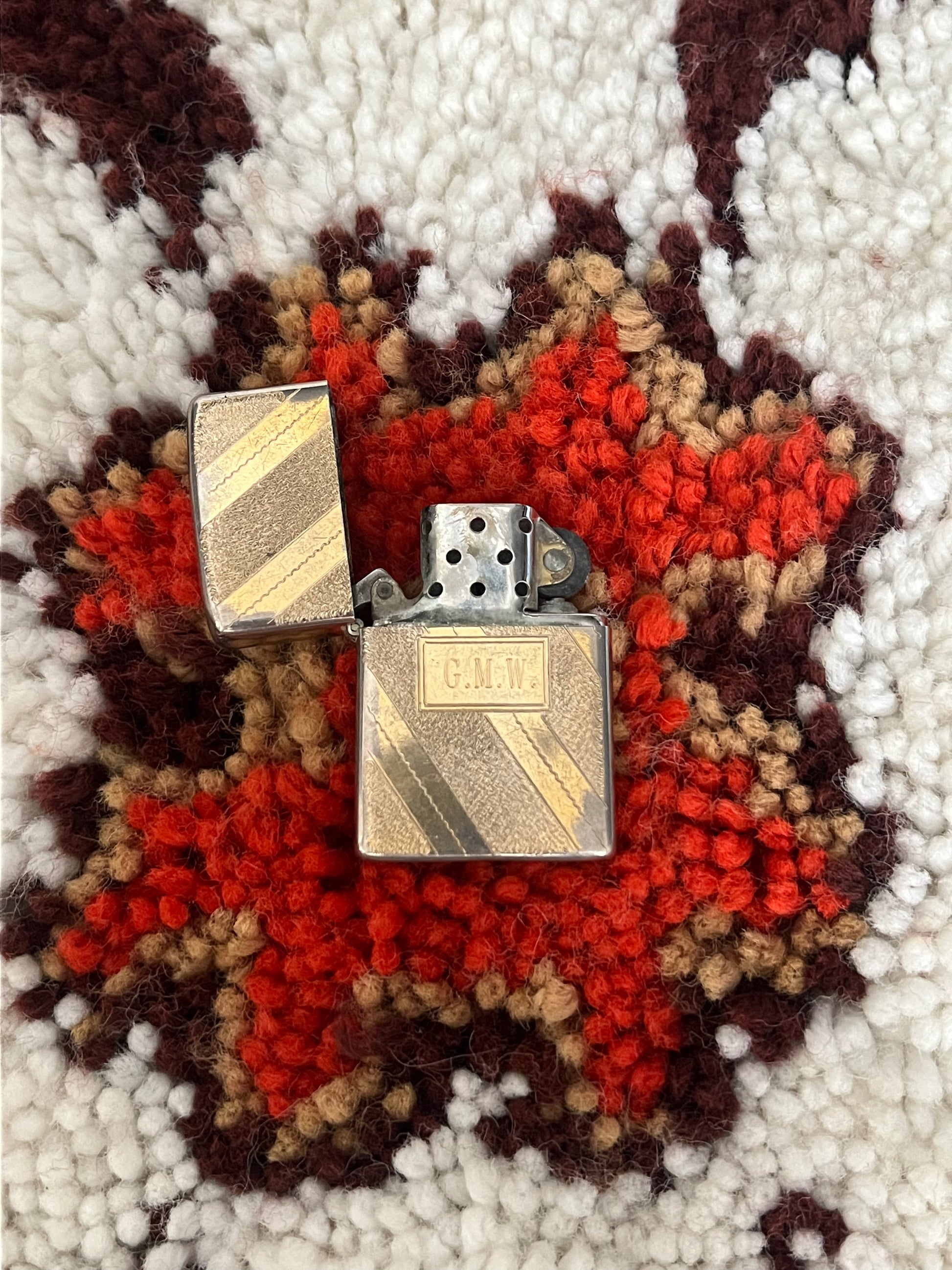 Vintage 1970s Zippo Lighter – Gold & Silver Diagonal Stripe, Engraved, Made in USA